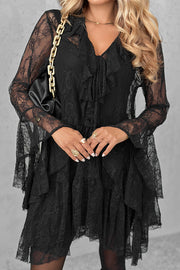 Feeling Lighthearted Lace Ruffle Neck Bell Sleeve Layered Hem A-line Mini Dress