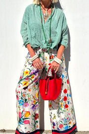 Fabulous Fiesta Satin Floral Unique Print Elastic Waist Pocketed Wide Leg Pants