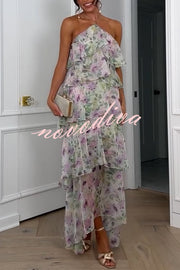 Cocktail Party Sheer Floral Georgette Halter Flowy Tiered Maxi Dress