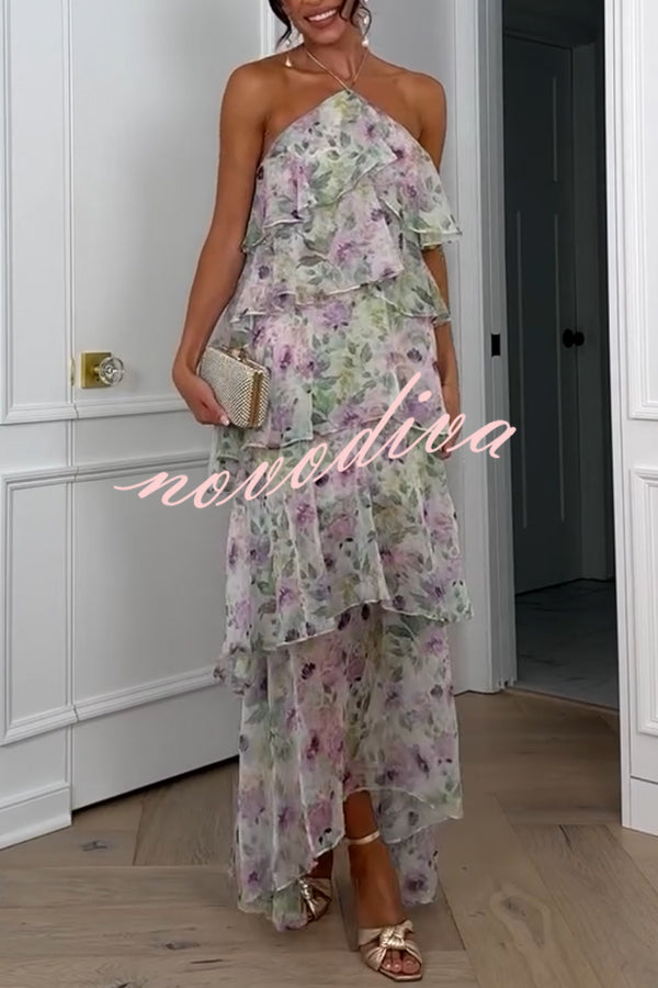 Cocktail Party Sheer Floral Georgette Halter Flowy Tiered Maxi Dress