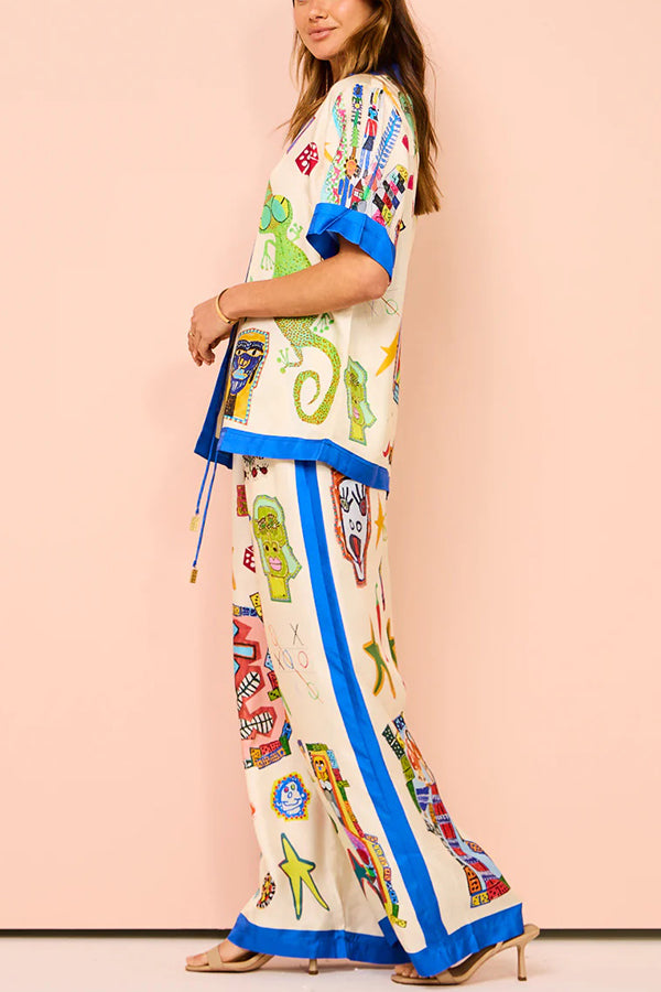 Vibrant Beach Satin Unique Print Colorblock Trim Elastic Waist Pocketed Wide Leg Pants