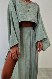 Boho Beach Linen Blend Wide Sleeve Blouse and Elastic Waist Double Slit Skirt Set