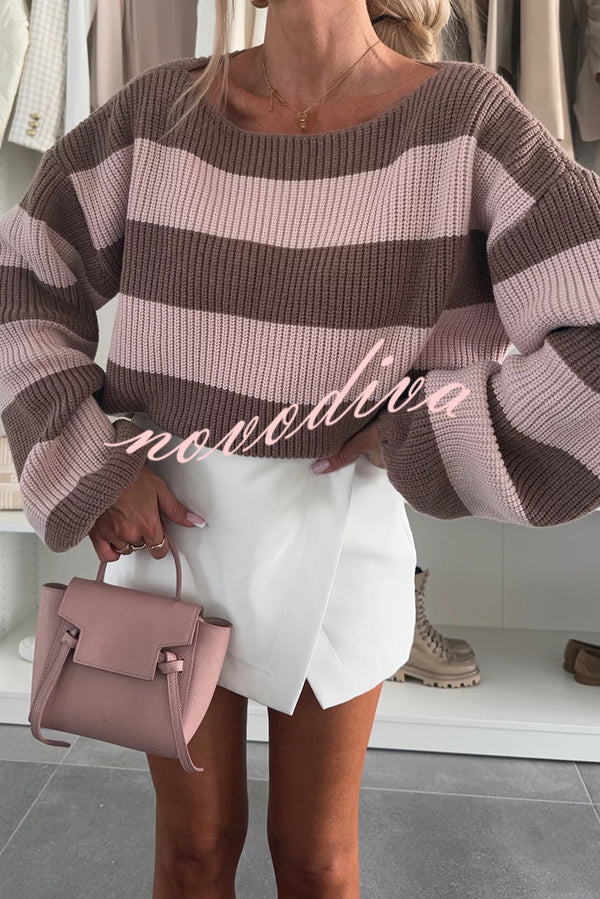 Fashion Striped Loose Long-sleeved Crew Neck Knitted Sweater