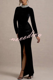 Love Lost Velvet Embellished High Neck Long Sleeve Twist Slit Maxi Dress