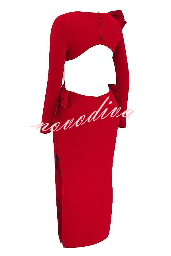 Lovely Bow Cutout Button Back Zipper Long Sleeve Maxi Dress