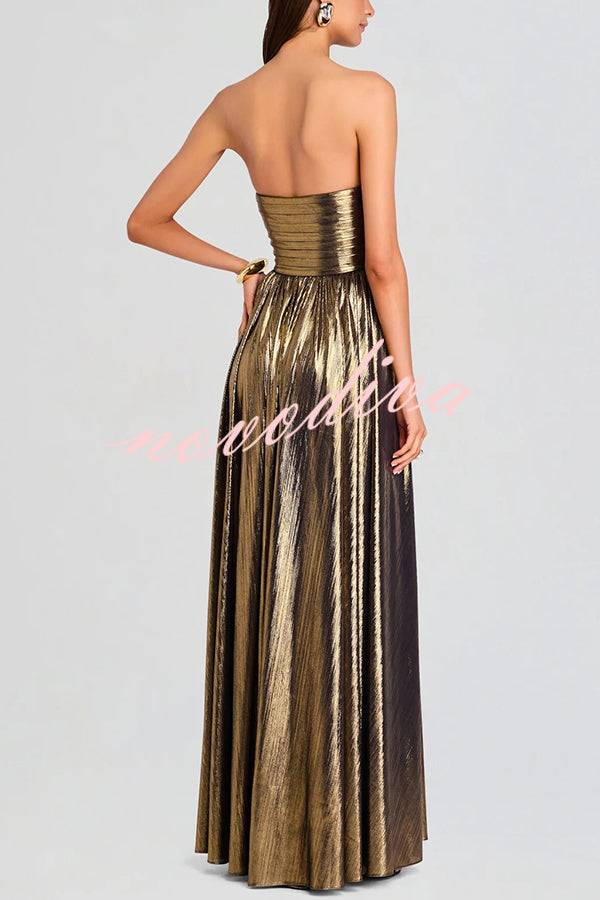 Goddess Temperament Metallic Pleated Fabric Off Shoulder Slit Maxi Dress