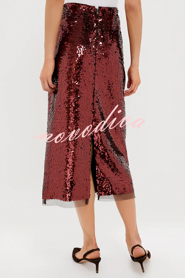 Upper East Chic Sequin Mesh Trim High Rise Slit Pencil Midi Skirt
