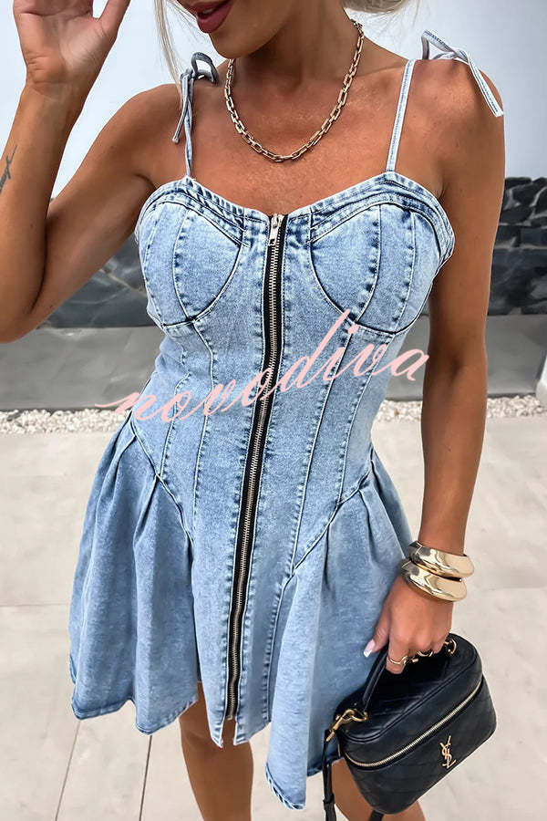 Fashionable Patchwork Suspender Zipper Slim Denim Mini Dress