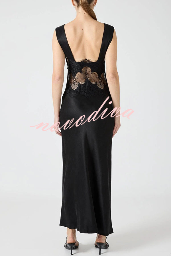Wonderful Fusion Satin Lace Trim See-through Waist V-neck Drape Maxi Dress