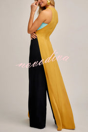 Fashionable Contrast Color Stitching Sleeveless Slim Maxi Dress