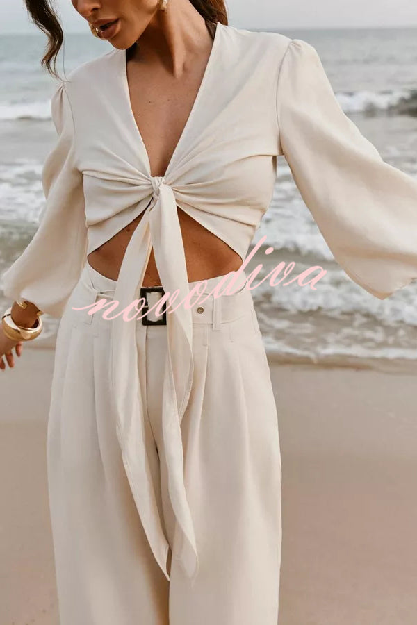 Lets Go Out Linen Blend Balloon Sleeve Wrap Tie-up Loose Top