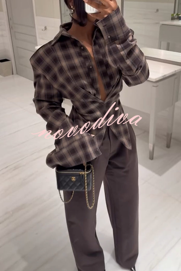 Vintage Plaid Shoulder Pad Buttons Long Sleeve Angled Hem Shirt