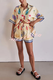 Kai Satin Unique Print Short Sleeve Shirt and Elastic Waist Drawstring Pocket Shorts Set