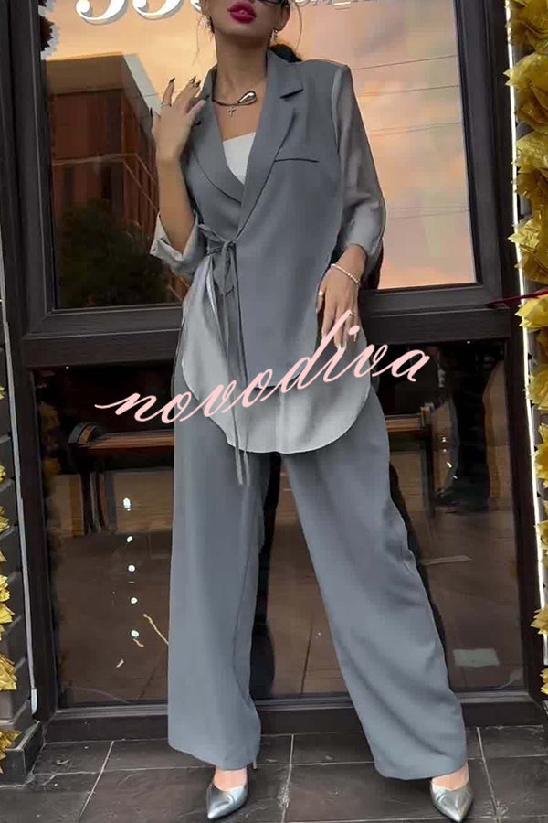 Chic and Elegant Chiffon Patchwork Irregular Lace-up Jacket and Pocketed Straight-leg Pants Set