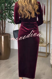 Creating Romance Velvet Ruched Drape Long Sleeve Stretch Maxi Dress