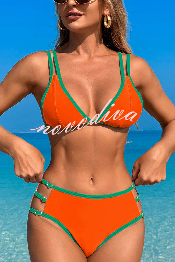 Contrast Color Lace-up Stretch Two-piece Bikini Swimsuit