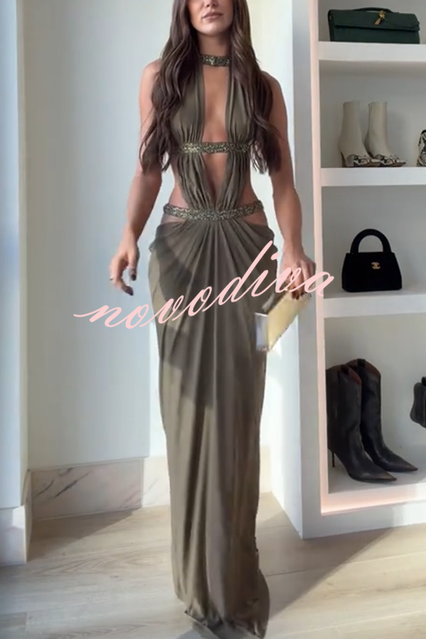 Khaki Hot-fix Rhinestone Shoulder Strap Cutout Design Backless Drape Maxi Dress