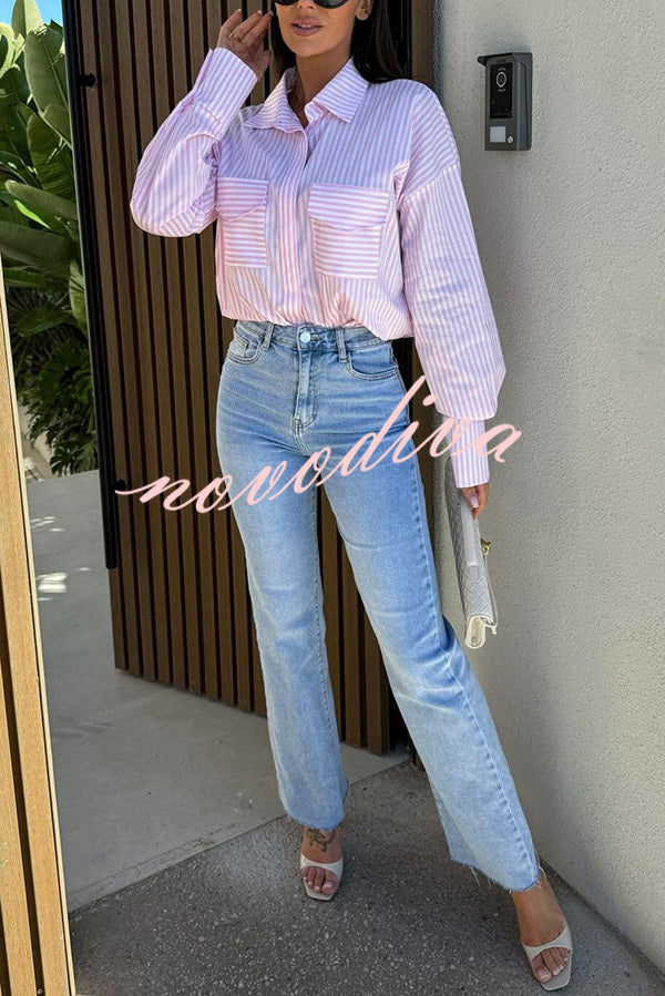 Stripe Print Lapel Long Sleeve Pocket Casual Shirt