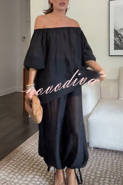 Comfortable Area Chiffon Off Shoulder Balloon Sleeve Top and Elastic Waist Knotted Bloomer Set