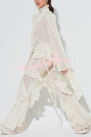 Fashionable Ruffled Elastic Waist Holiday Style Flared Pants