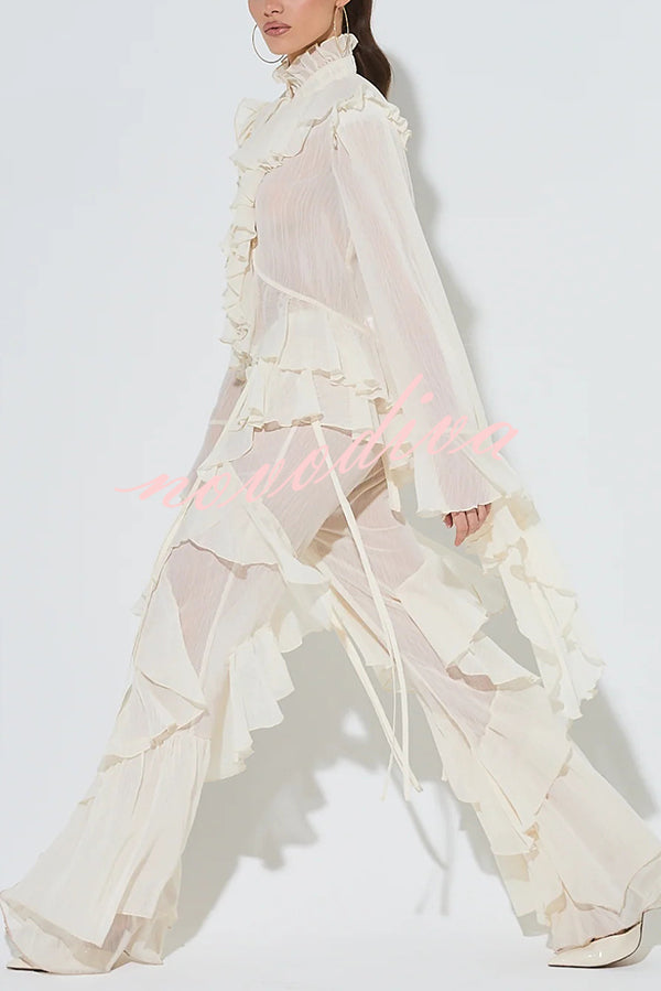 Fashionable Ruffled Elastic Waist Holiday Style Flared Pants