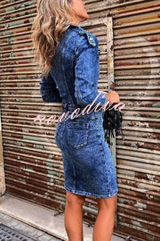 Autumn Treasure Washed Denim Button Up Pocketed Shirt Mini Dress