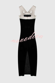 Sociable Elegance Velvet Contrast Bow Shoulder Strap Slit Stretch Midi Dress