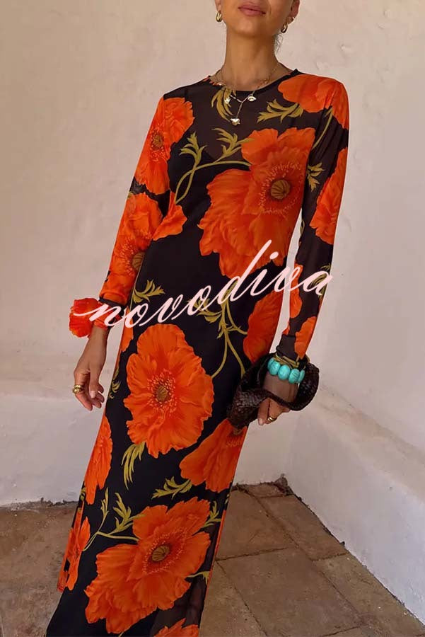 Perfect Cross-season Mesh Poppy Flower Print Long Sleeve Stretch Maxi Dress