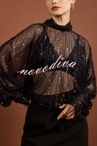 Shine All Night Sequin Turtleneck Long Batwing Sleeve Loose Blouse