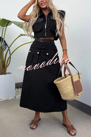 Athleisure Zipper Pocket Sleeveless Jacket and Belted Cargo Midi Skirt Set