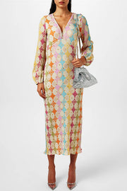 Gorgeous Sunshine Colorful Unique Print Kimono Puff Sleeve Midi Dress