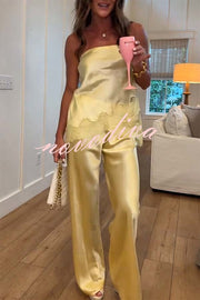 Odessa Satin Floral Lace Hem Strapless Tank and Mid Rise Wide Leg Pants Set