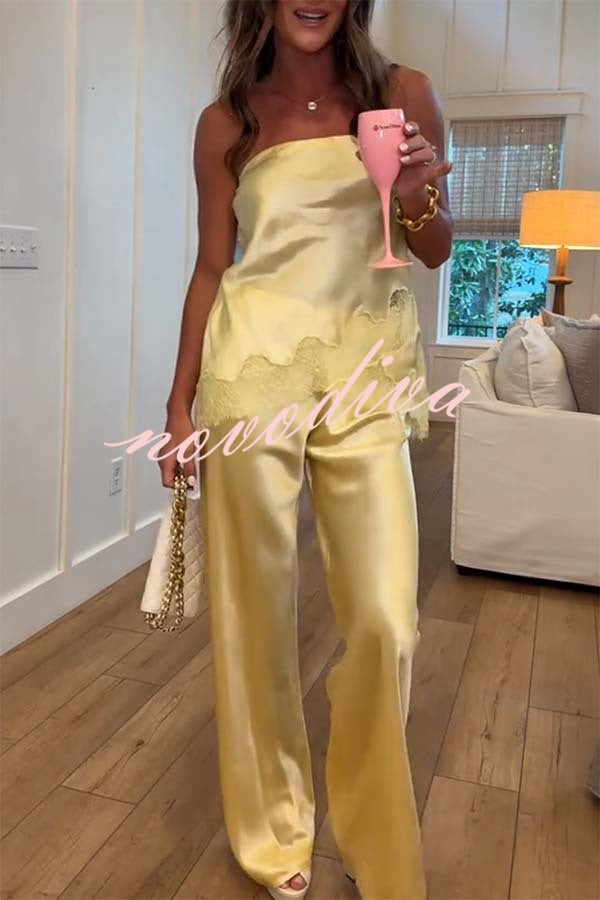 Odessa Satin Floral Lace Hem Strapless Tank and Mid Rise Wide Leg Pants Set