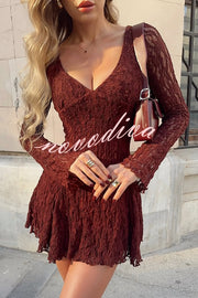 Fashionable Lace Long-sleeved V-neck Slim-fit Mini Dress