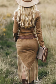 Retro Western Style Long-sleeved Fringed Hem Midi Dress