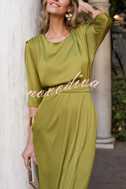 Satin Solid Color Round Neck Half Sleeve Waist Midi Dress