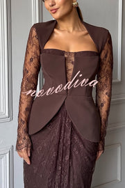 Belle Contrast Sheer Lace Fabric Patchwork Square Neck Long Sleeve Drape Maxi Dress