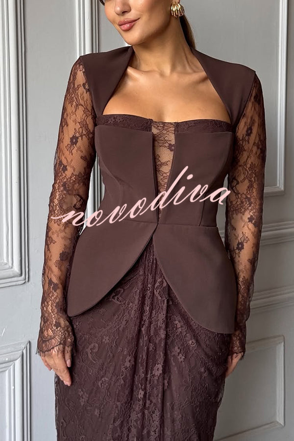 Belle Contrast Sheer Lace Fabric Patchwork Square Neck Long Sleeve Drape Maxi Dress
