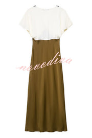 Fashionable Contrast Color V-neck Lace Stitching Maxi Dress