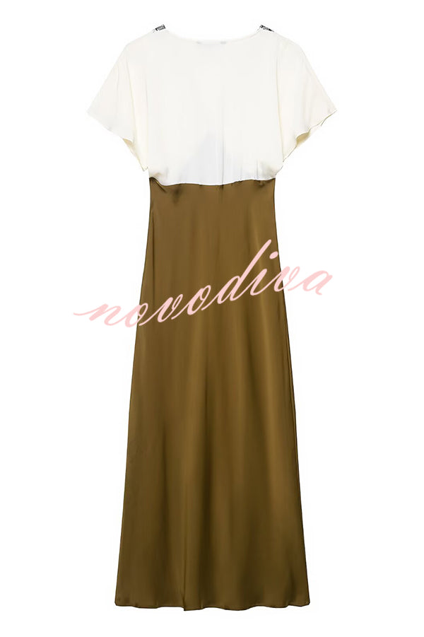 Fashionable Contrast Color V-neck Lace Stitching Maxi Dress