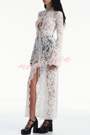Garcelle Floral Lace Lace-up Long Bell Sleeve Slit Midi Dress