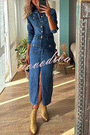 Tessy Denim Metal Button Zipper Shirt Stretch Pencil Slit Midi Dress