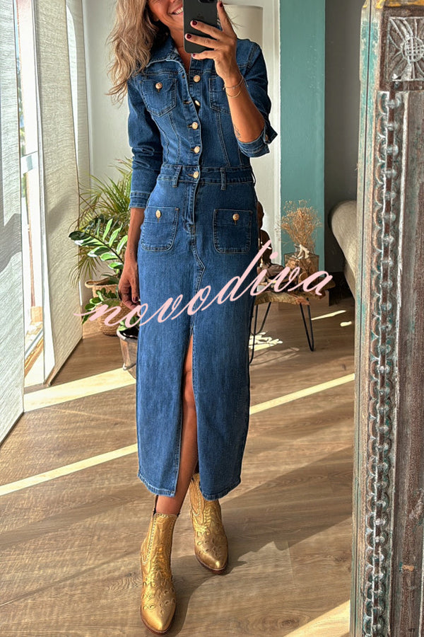 Tessy Denim Metal Button Zipper Shirt Stretch Pencil Slit Midi Dress