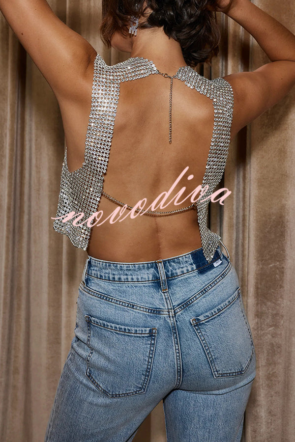 Sexy Metallic Rhinestone Backless Chain Vest