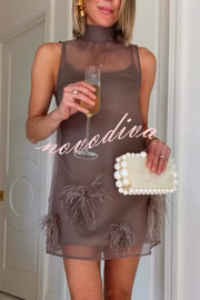 Playful Charm Sheer Chiffon Embellished Feather Back Bow H-line Mini Dress