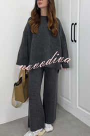 Solid Color Loose Long-sleeved Knit Top and Elastic Waist Casual Straight Leg Pants Set