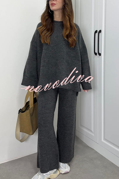 Solid Color Loose Long-sleeved Knit Top and Elastic Waist Casual Straight Leg Pants Set