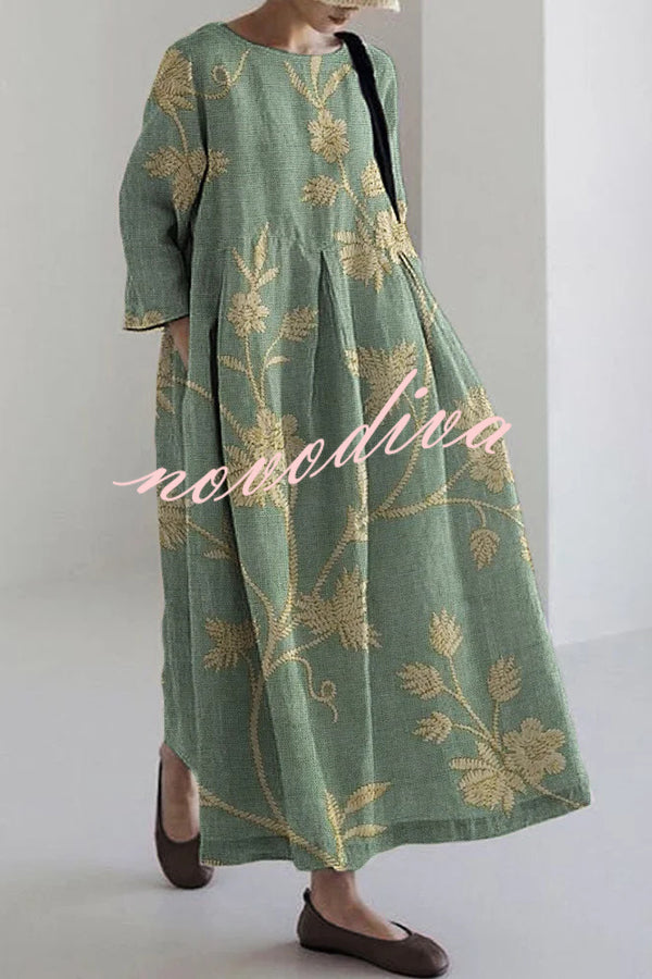 Unique Printed Round Neck Long Sleeve Loose Maxi Dress