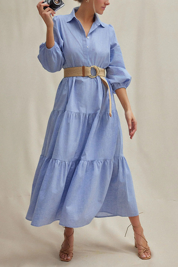 Solid Color Lapel Elastic Cuffs Loose Maxi Dress