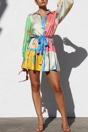 Summer Unique Printed Shirt Collar Lantern Sleeves Waist Tie Mini Dress